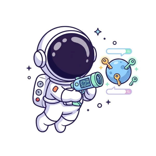 HQ Traffics Cartoon Astronaut Discovering High-Value SEO Keywords